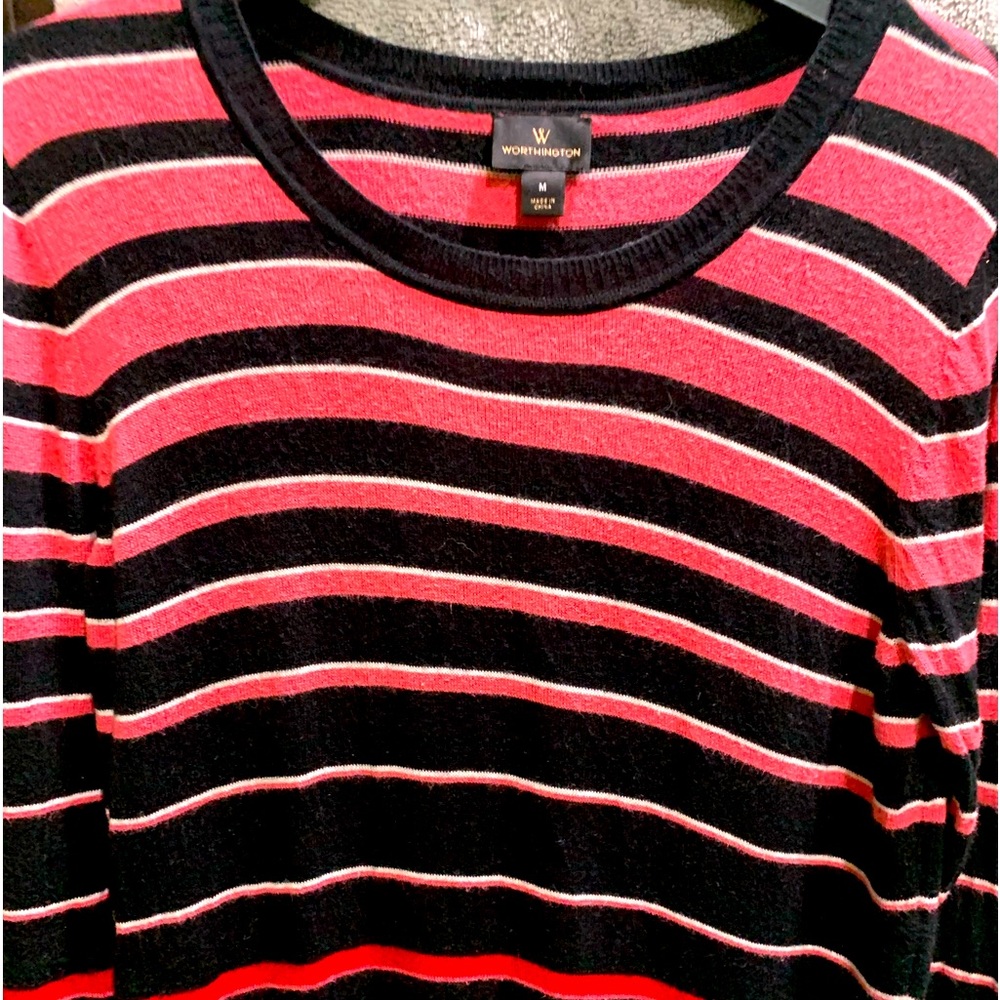 Vintage stripes : long sleeve sweater pink and red with black stripes . Medium